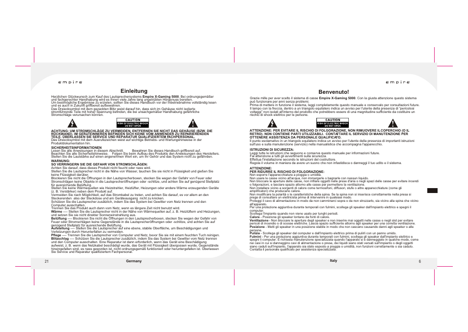 Т³гж 7, Benvenuto, Einleitung | Empire Products X-GAMING 5000 User Manual | Page 7 / 14
