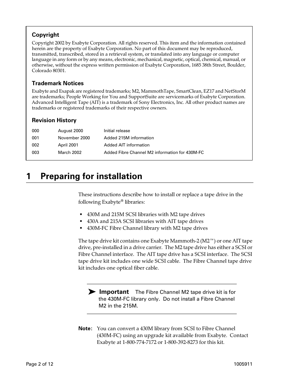 1 preparing for installation, Important | Exabyte 1005911-003 User Manual | Page 2 / 12