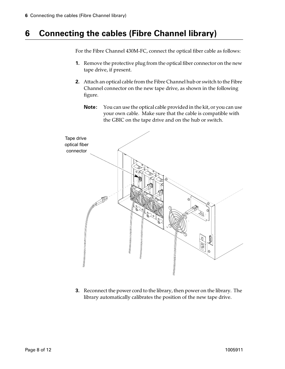 6 connecting the cables (fibre channel library), 6 connecting the cables (fibre channel library) 8 | Exabyte 1005911-003 User Manual | Page 8 / 12