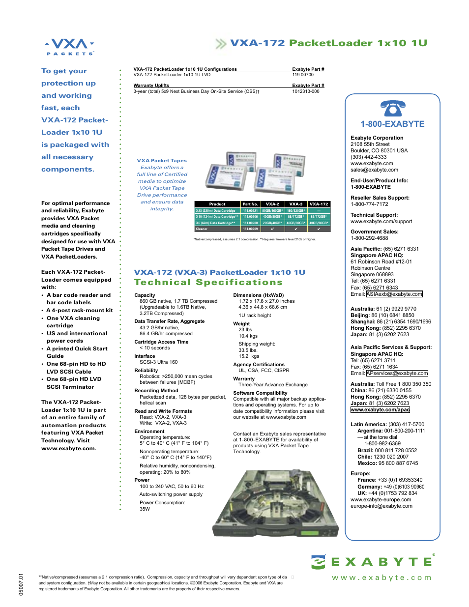 Technical specifications, 800-exabyte | Exabyte VXA-172 User Manual | Page 2 / 2
