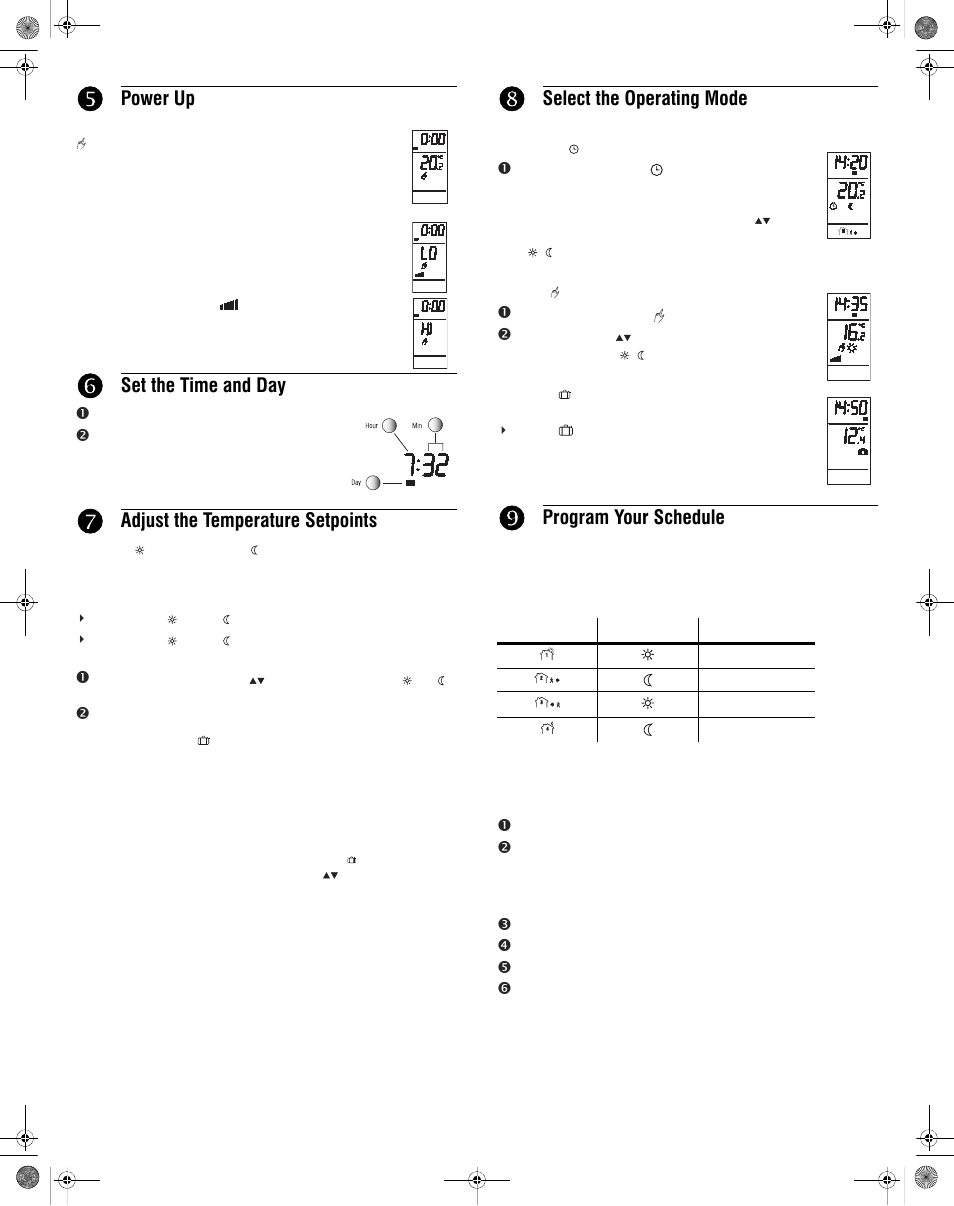 Power up, Set the time and day, Adjust the temperature setpoints | Select the operating mode, Program your schedule | Elemental Designs eStat 761 User Manual | Page 2 / 3