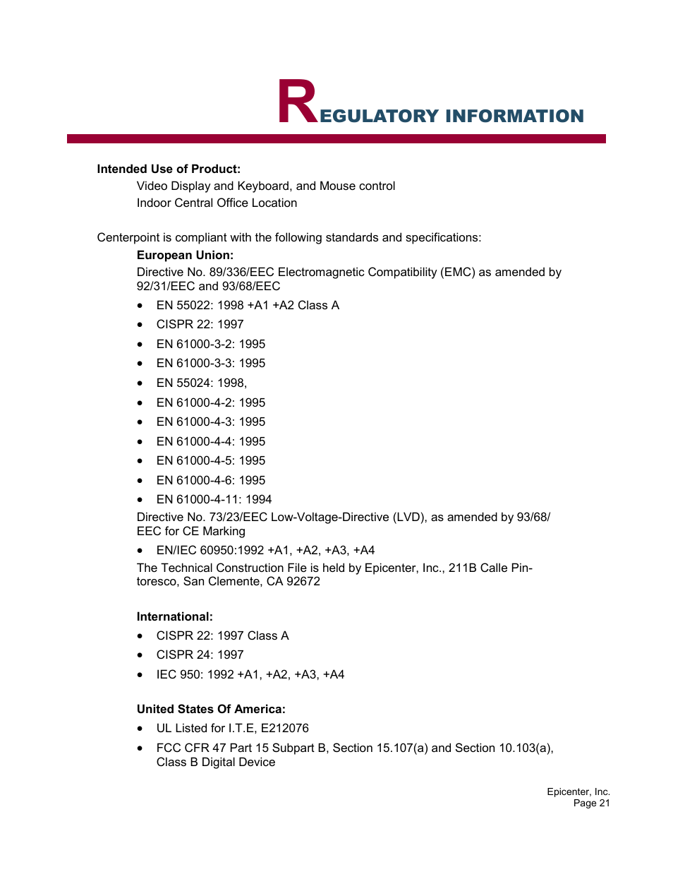 Egulatory information | Epicenter 2x8 User Manual | Page 21 / 25