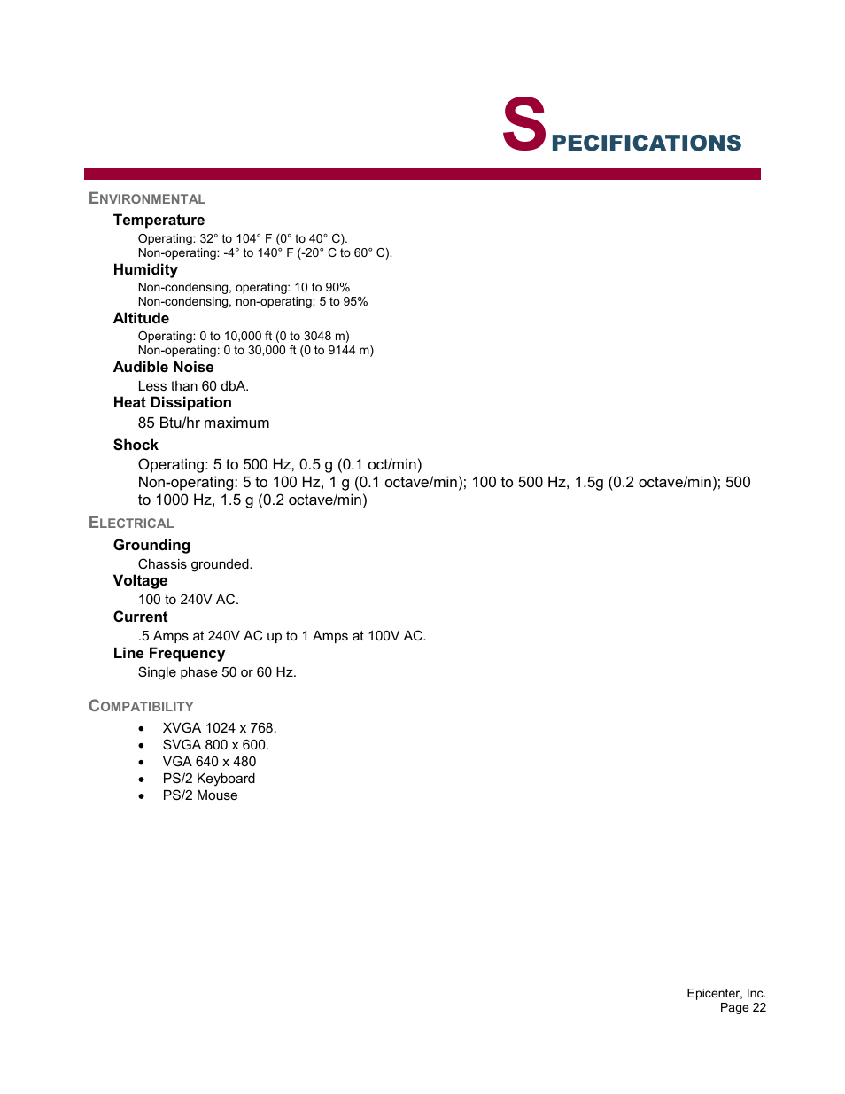 Pecifications | Epicenter 2x8 User Manual | Page 22 / 25