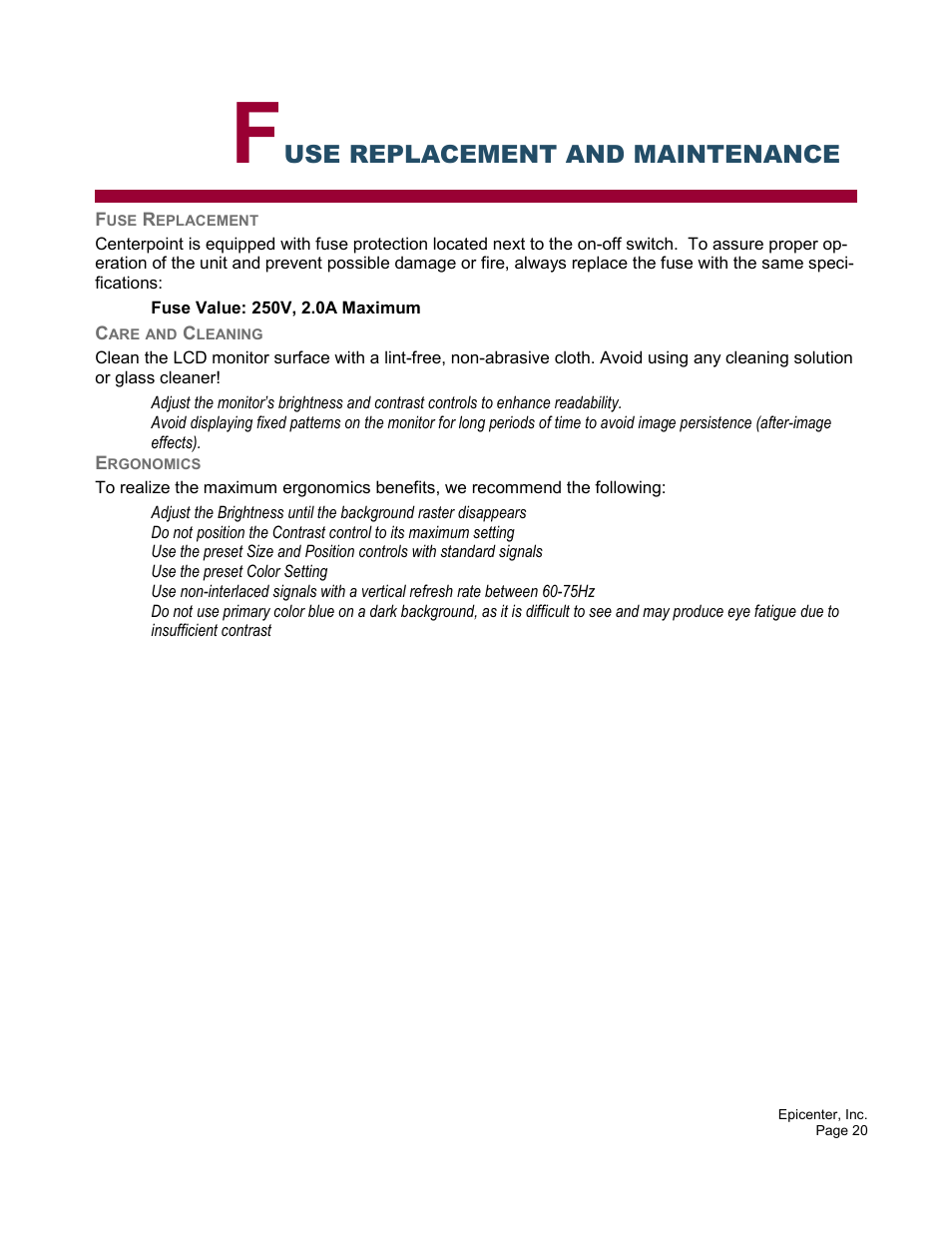Use replacement and maintenance | Epicenter Centercade 16 User Manual | Page 20 / 25