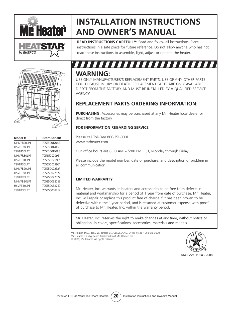 Installation instructions and owner’s manual, Warning, Replacement parts ordering information | Enerco HSVFR30LPT User Manual | Page 20 / 20