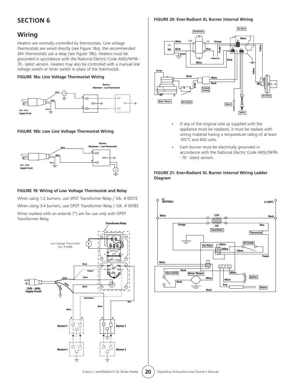 Figure 18b: low line voltage thermostat wiring, Figure 20: ener-radiant xl burner internal wiring | Enerco ERXL-125S User Manual | Page 20 / 28