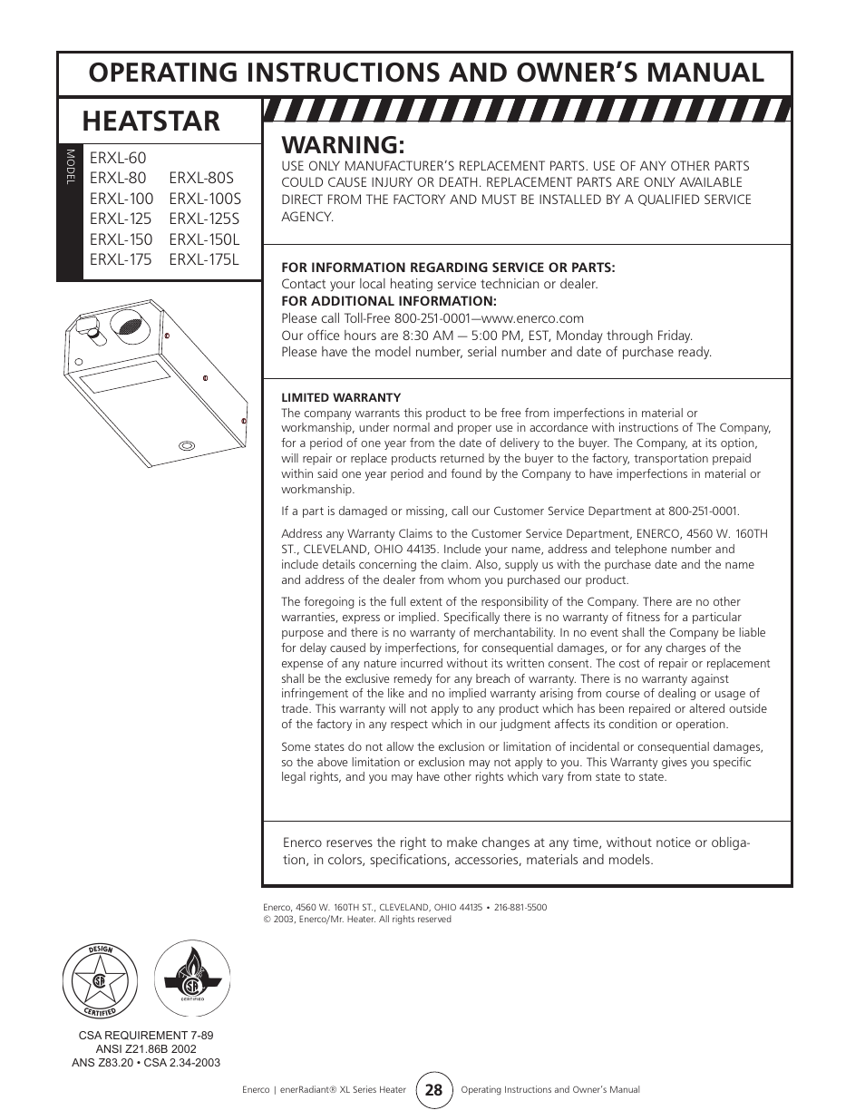 Heatstar, Operating instructions and owner’s manual, Warning | Enerco ERXL-125S User Manual | Page 28 / 28