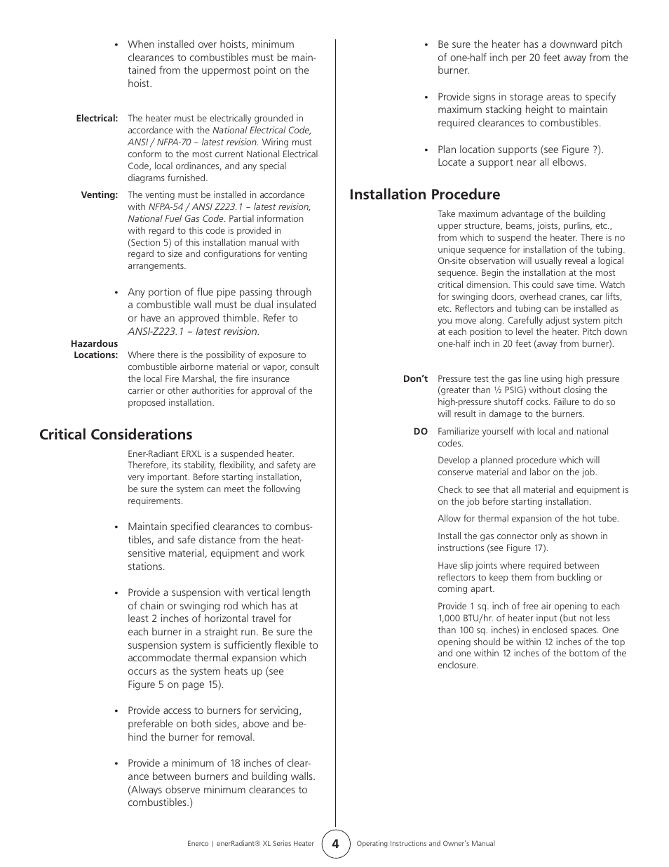 Critical considerations, Installation procedure | Enerco ERXL-125S User Manual | Page 4 / 28