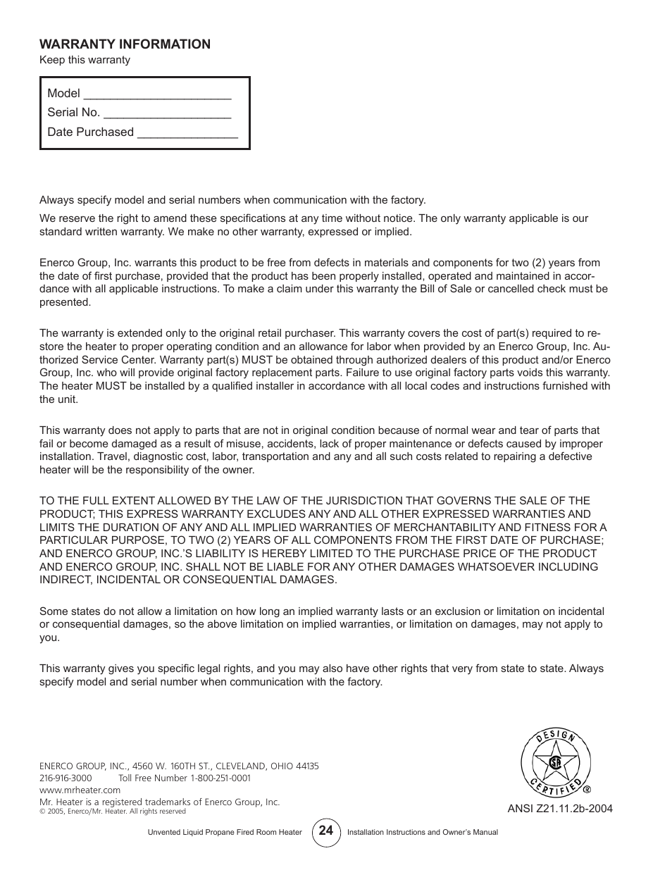 Enerco HSIR30LPT User Manual | Page 24 / 24