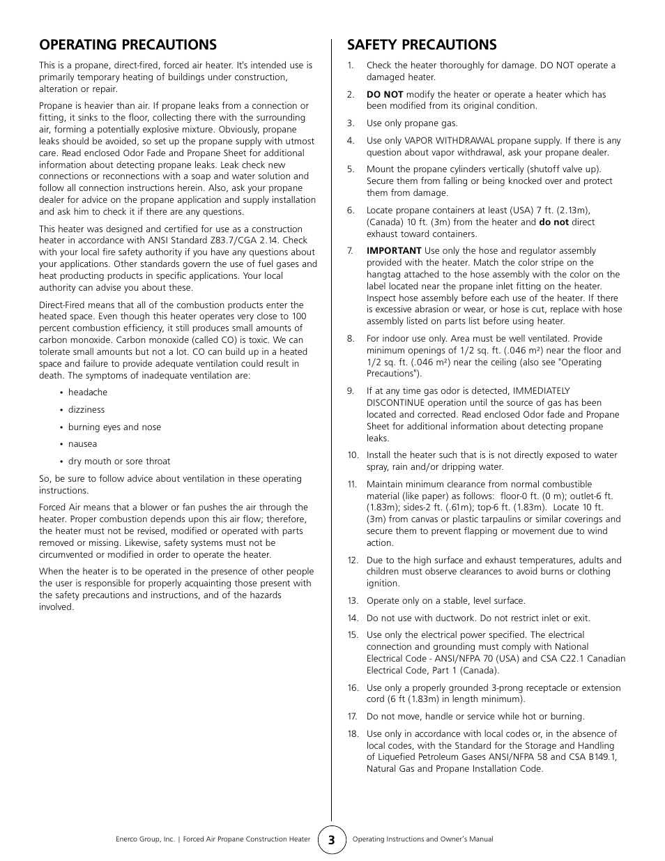 Operating precautions, Safety precautions | Enerco HS35FA User Manual | Page 3 / 8