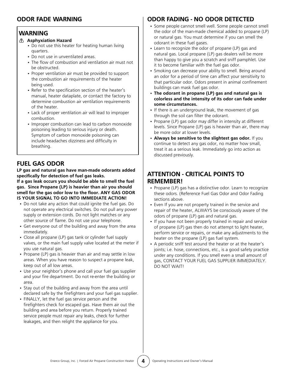 Odor fade warning warning, Fuel gas odor, Odor fading - no odor detected | Attention - critical points to remember | Enerco HS35FA User Manual | Page 4 / 8