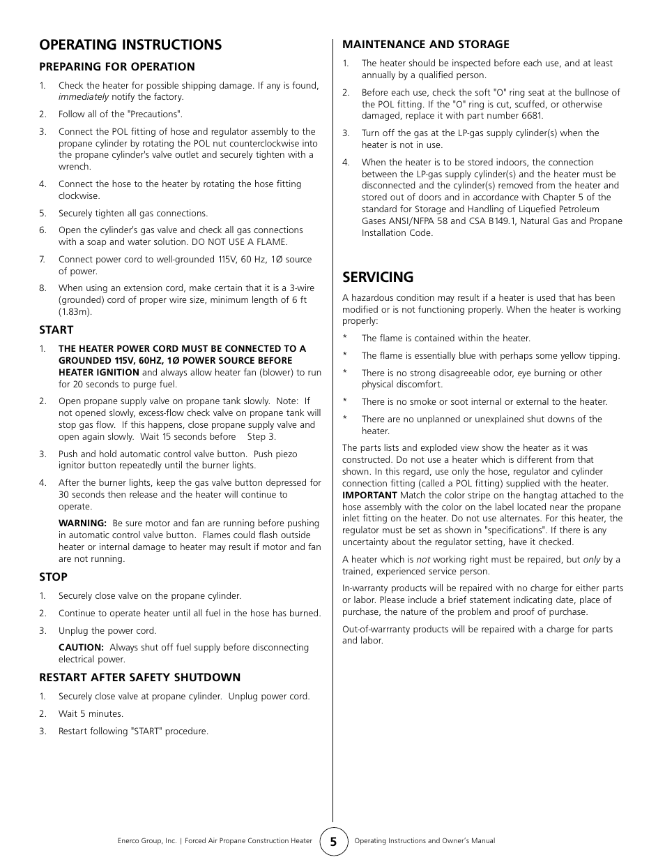 Operating instructions, Servicing | Enerco HS35FA User Manual | Page 5 / 8
