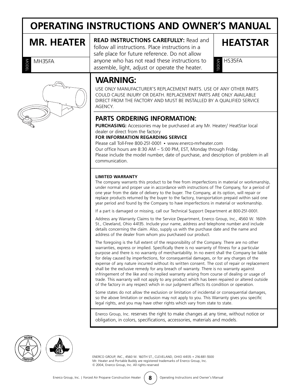 Warning, Parts ordering information | Enerco HS35FA User Manual | Page 8 / 8