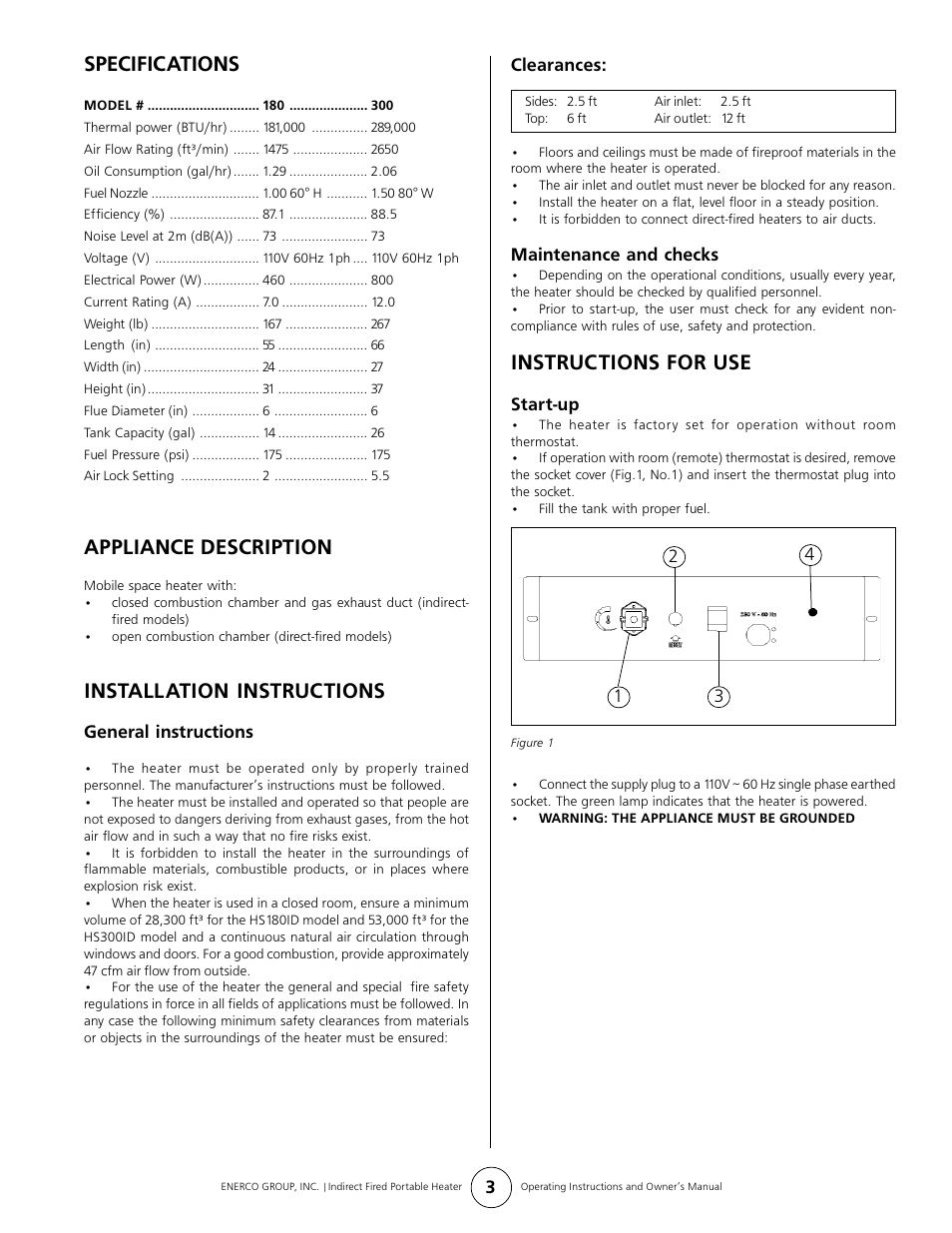Appliance description, Installation instructions, Specifications | Instructions for use | Enerco HS300ID User Manual | Page 3 / 8