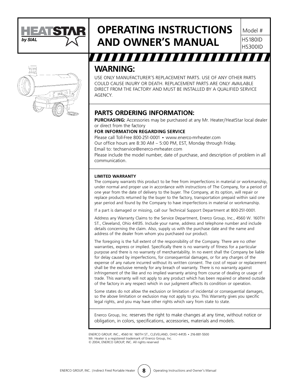 Operating instructions and owner’s manual, Warning, Parts ordering information | Enerco HS300ID User Manual | Page 8 / 8