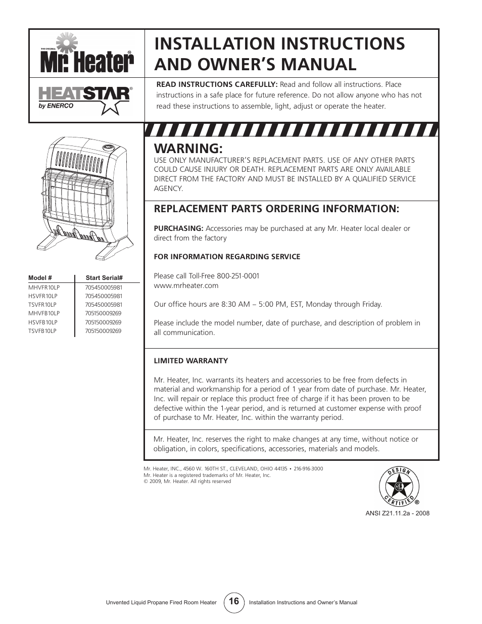 Installation instructions and owner’s manual, Warning, Replacement parts ordering information | Enerco HSVFR10LPT User Manual | Page 16 / 16