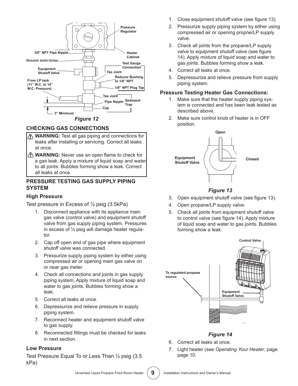 Figure 12 checking gas connections, Pressure testing heater gas connections, Figure 13 | Figure 14 | Enerco HSVFR10LPT User Manual | Page 9 / 16