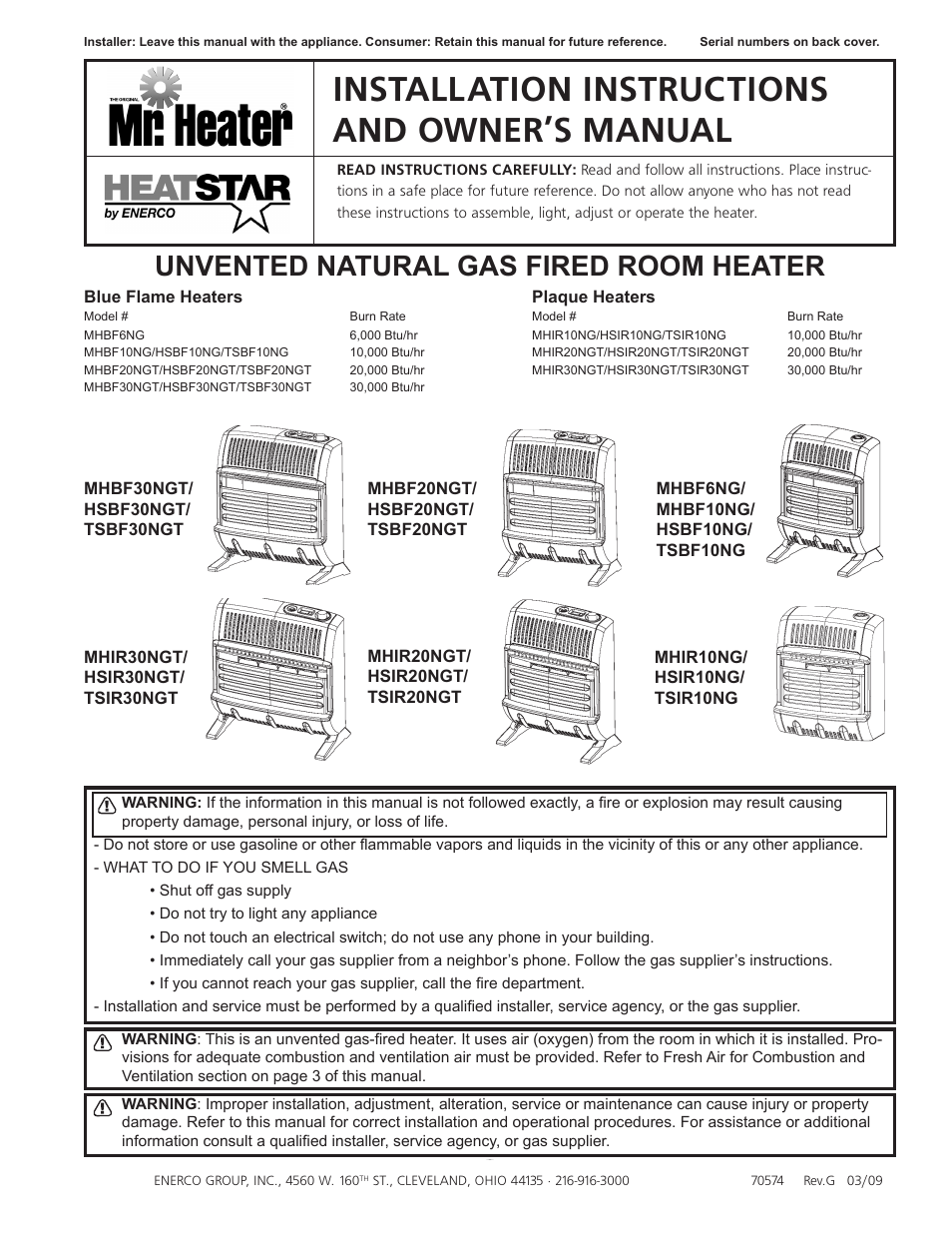 Enerco UNVENTED NATURAL GAS FIRED ROOM HEATER TSIR20NGT User Manual | 24 pages