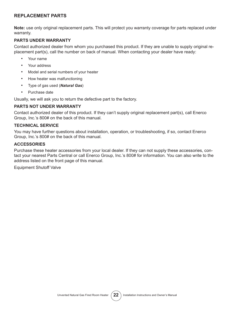 Enerco UNVENTED NATURAL GAS FIRED ROOM HEATER TSIR20NGT User Manual | Page 22 / 24