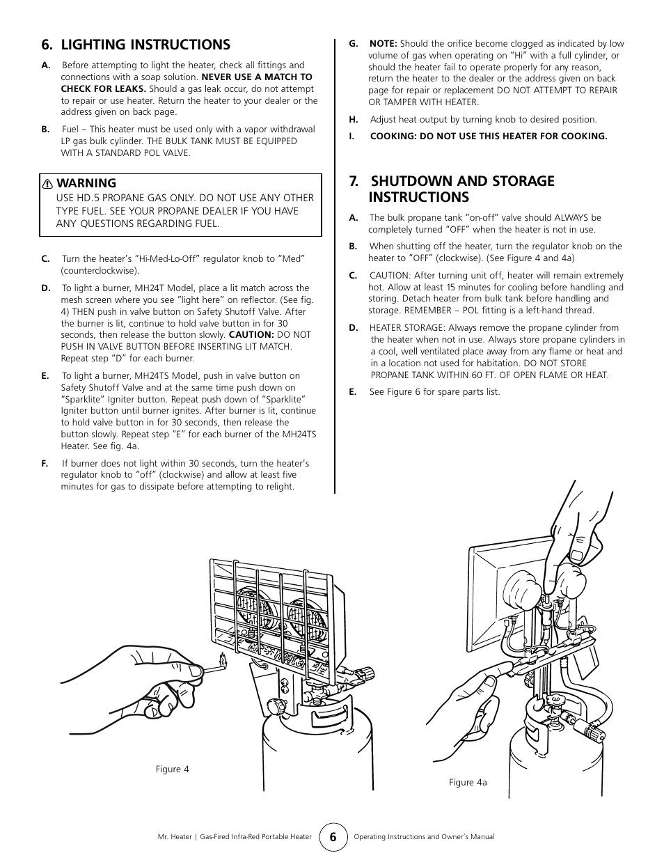 Lighting instructions, Shutdown and storage instructions, Warning | Enerco MH24TS User Manual | Page 6 / 8