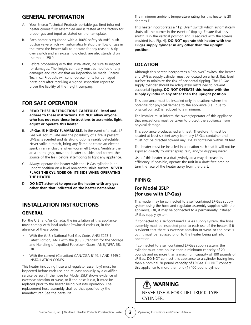 Warning, General information, For safe operation | Installation instructions | Enerco HS35LP User Manual | Page 3 / 8
