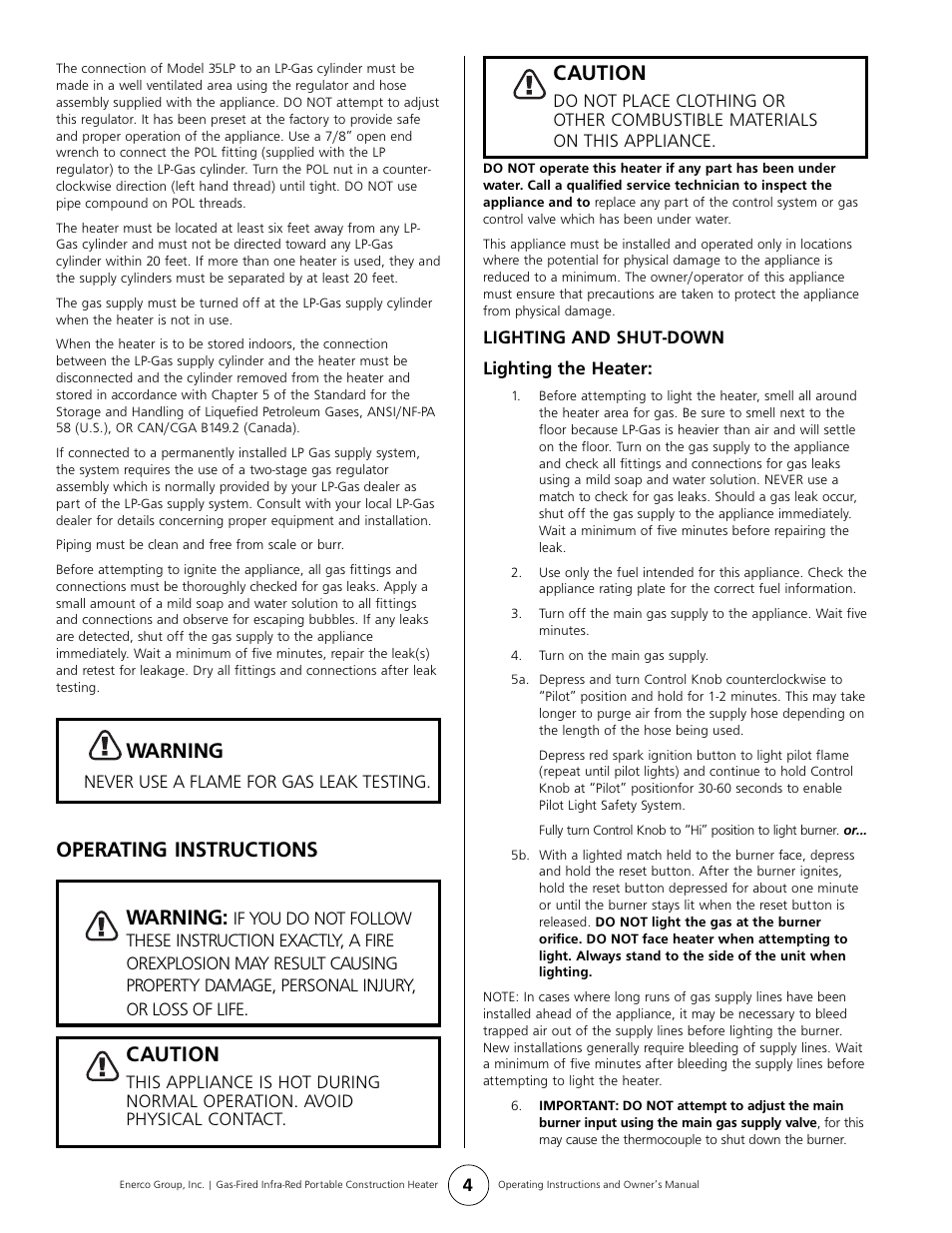 Warning, Operating instructions warning, Caution | Enerco HS35LP User Manual | Page 4 / 8