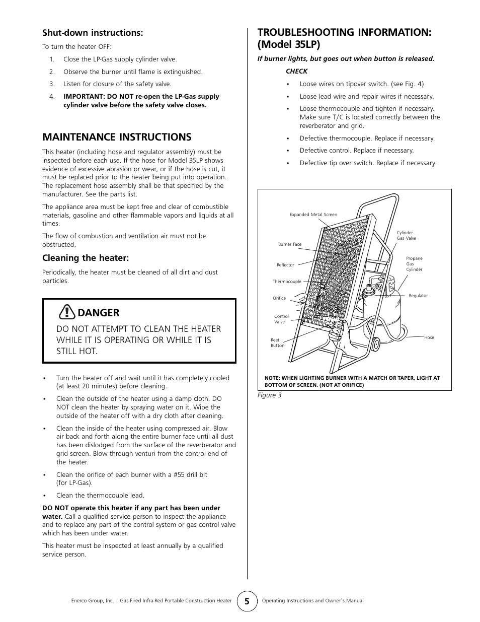 Maintenance instructions, Danger, Troubleshooting information: (model 35lp) | Shut-down instructions, Cleaning the heater | Enerco HS35LP User Manual | Page 5 / 8