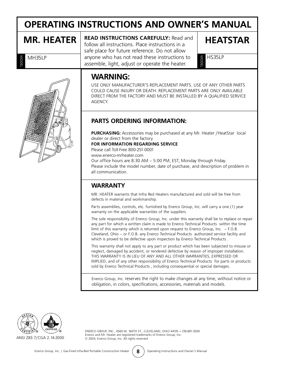 Warning, Parts ordering information, Warranty | Enerco HS35LP User Manual | Page 8 / 8