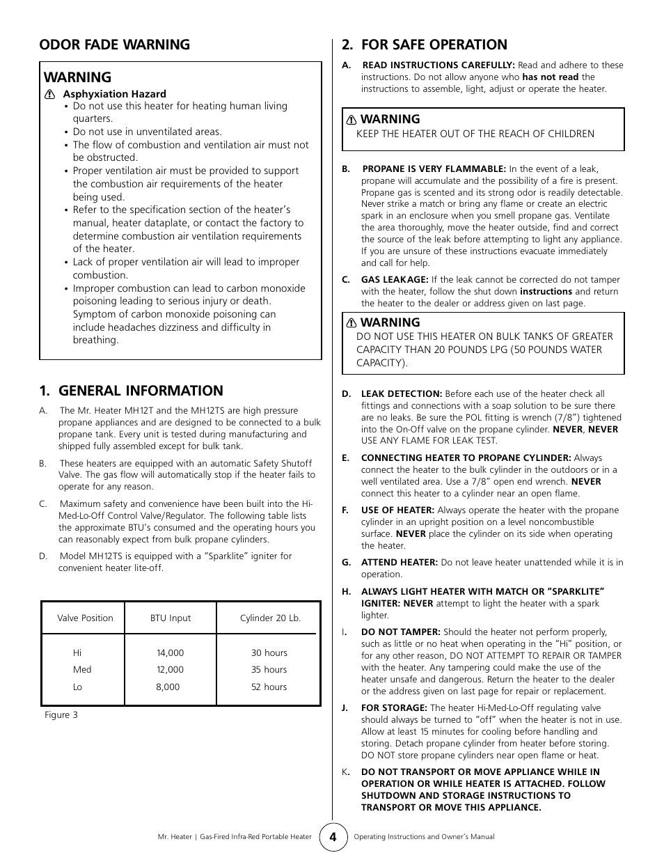 Odor fade warning warning, General information, For safe operation | Enerco MH12TS User Manual | Page 4 / 8