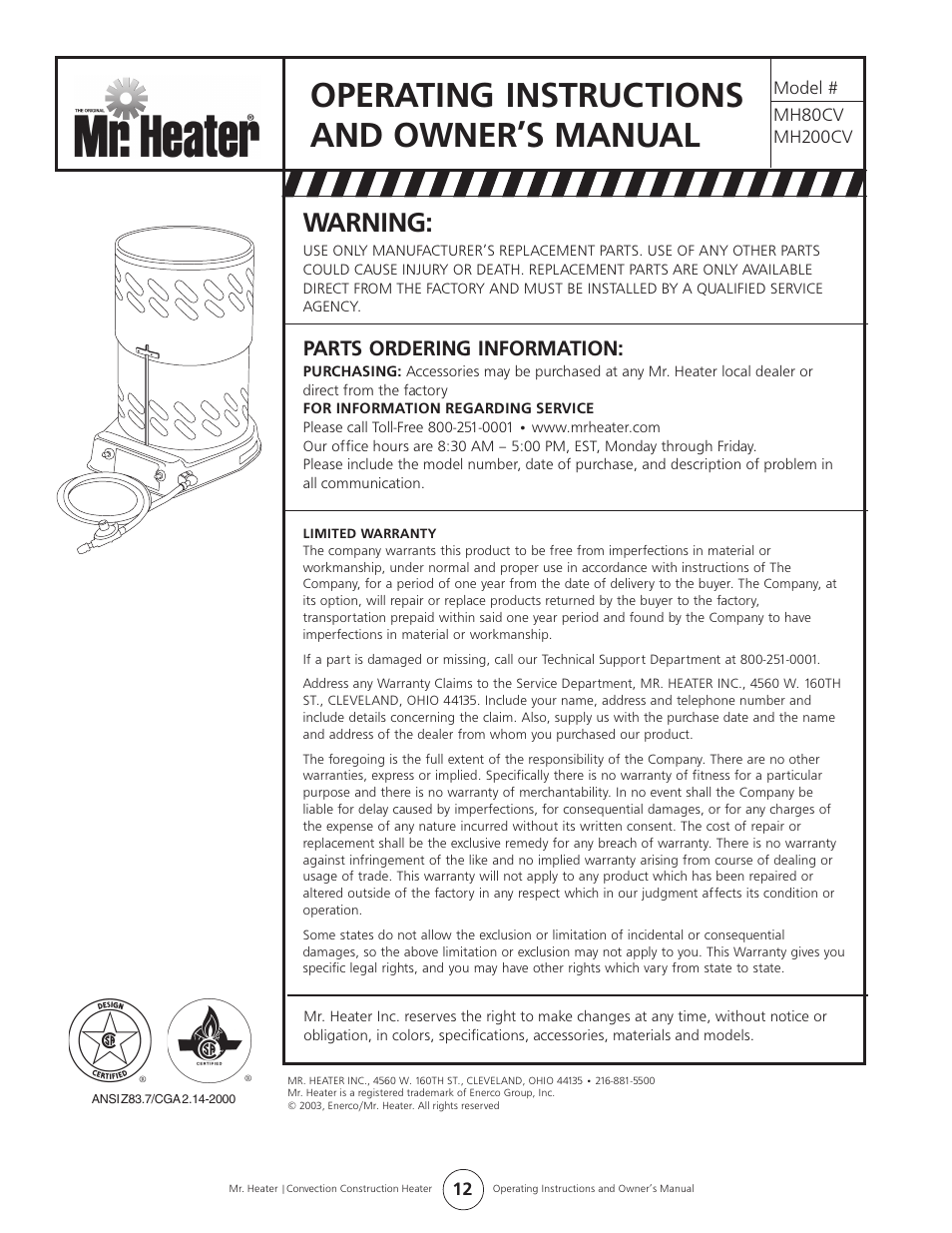 Operating instructions and owner’s manual, Warning, Parts ordering information | Enerco MH80CV User Manual | Page 12 / 12