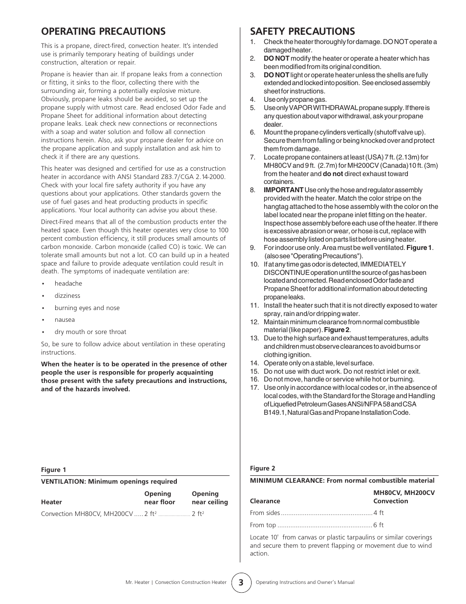 Operating precautions, Safety precautions | Enerco MH80CV User Manual | Page 3 / 12