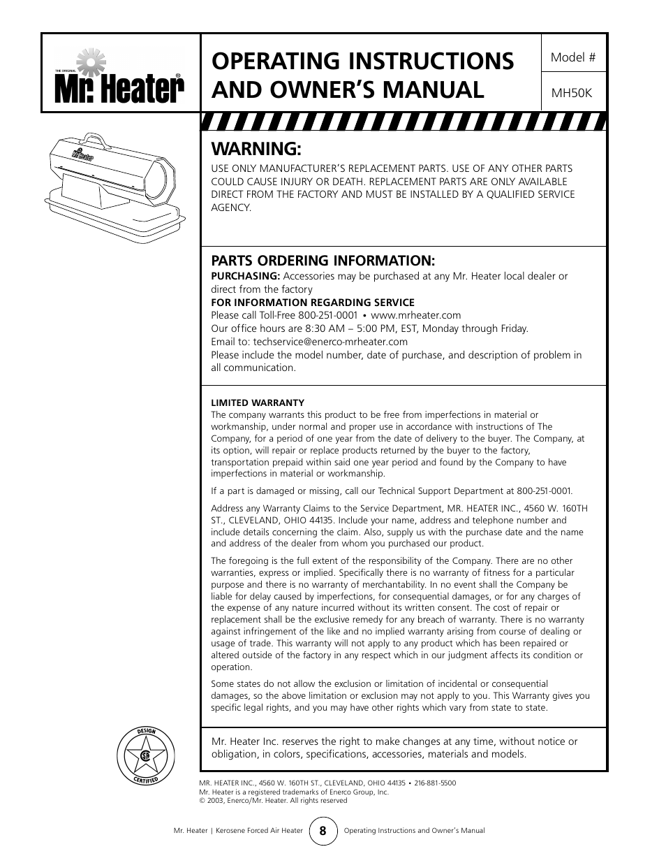 Operating instructions and owner’s manual, Warning, Parts ordering information | Enerco MH50K User Manual | Page 8 / 8
