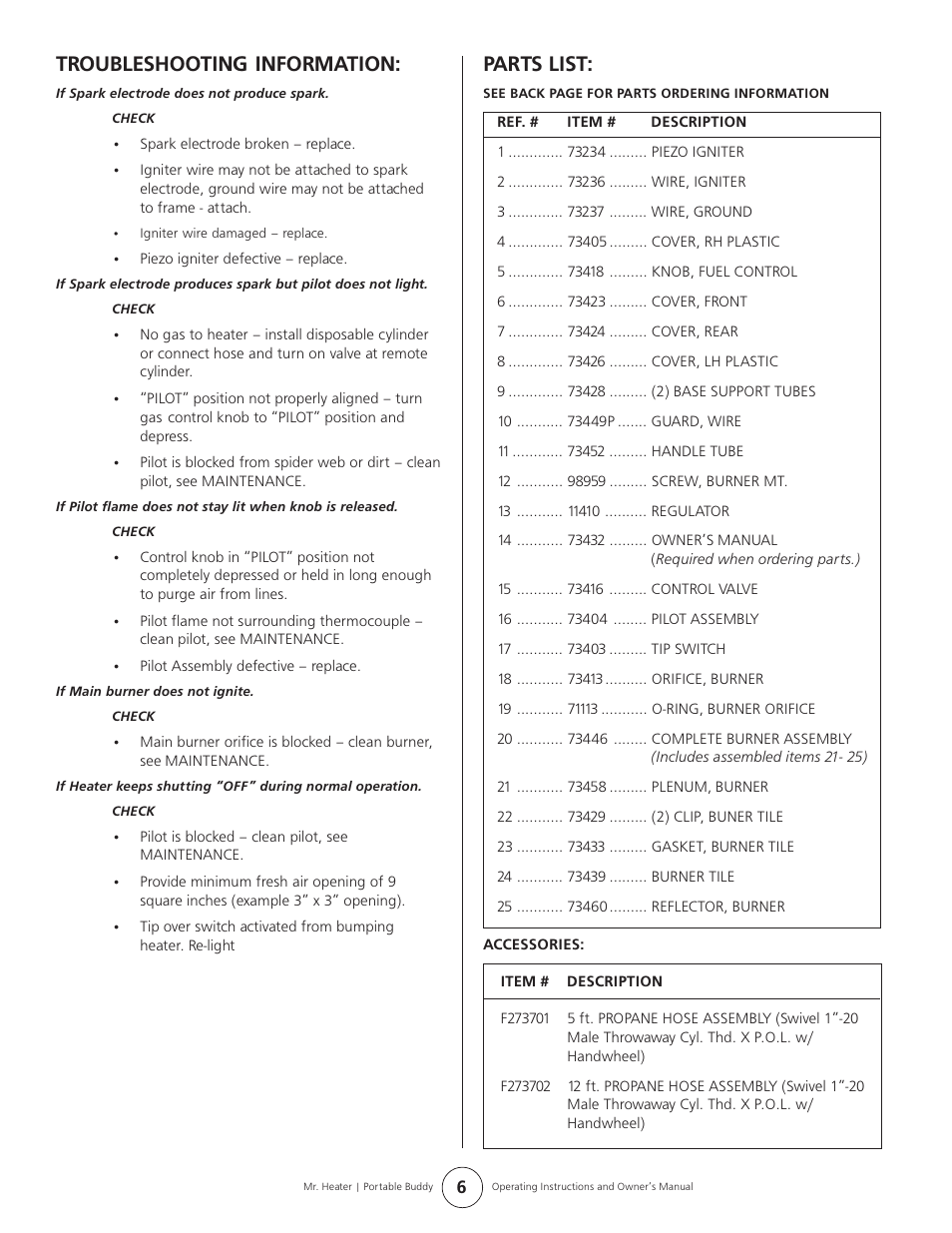 Troubleshooting information, Parts list | Enerco MH9B User Manual | Page 6 / 8