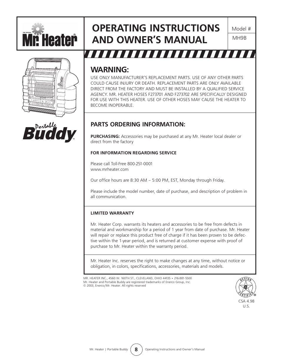 Operating instructions and owner’s manual, Warning, Parts ordering information | Enerco MH9B User Manual | Page 8 / 8