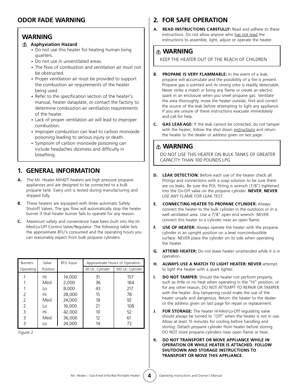 Odor fade warning 1. general information, For safe operation, Warning | Enerco MH42T User Manual | Page 4 / 8
