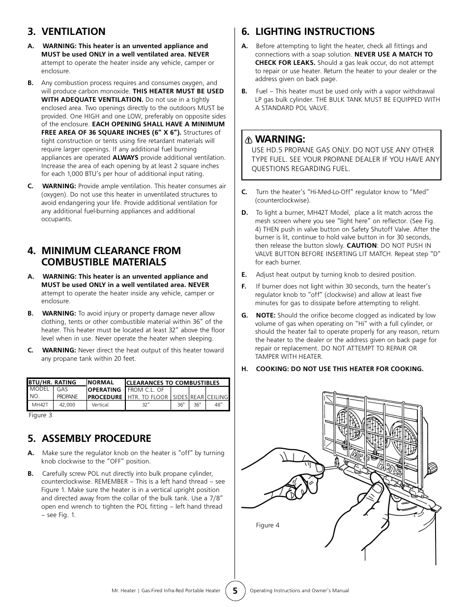 Ventilation, Minimum clearance from combustible materials, Assembly procedure | Lighting instructions, Warning | Enerco MH42T User Manual | Page 5 / 8