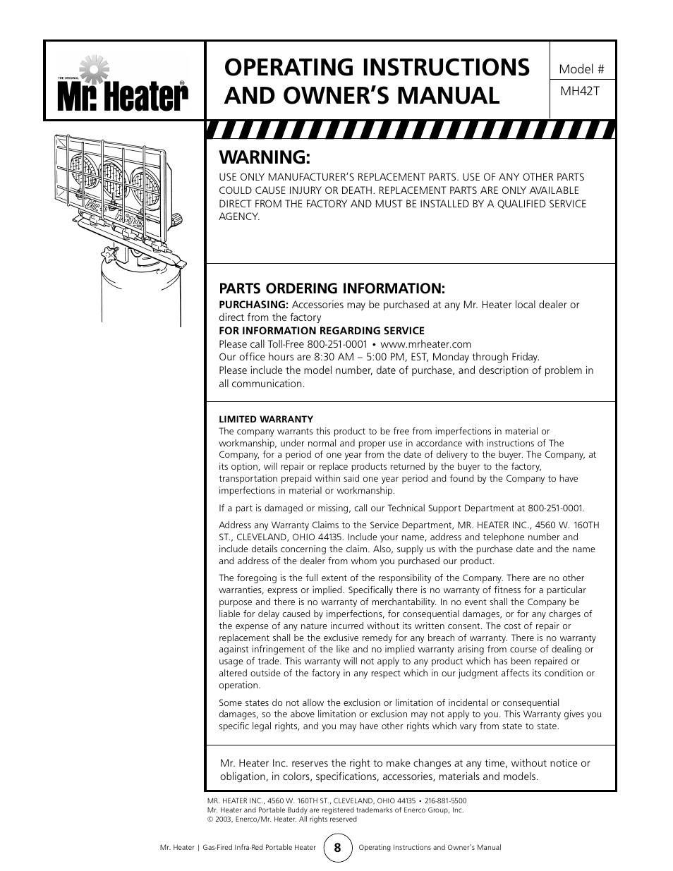 Operating instructions and owner’s manual, Warning, Parts ordering information | Enerco MH42T User Manual | Page 8 / 8