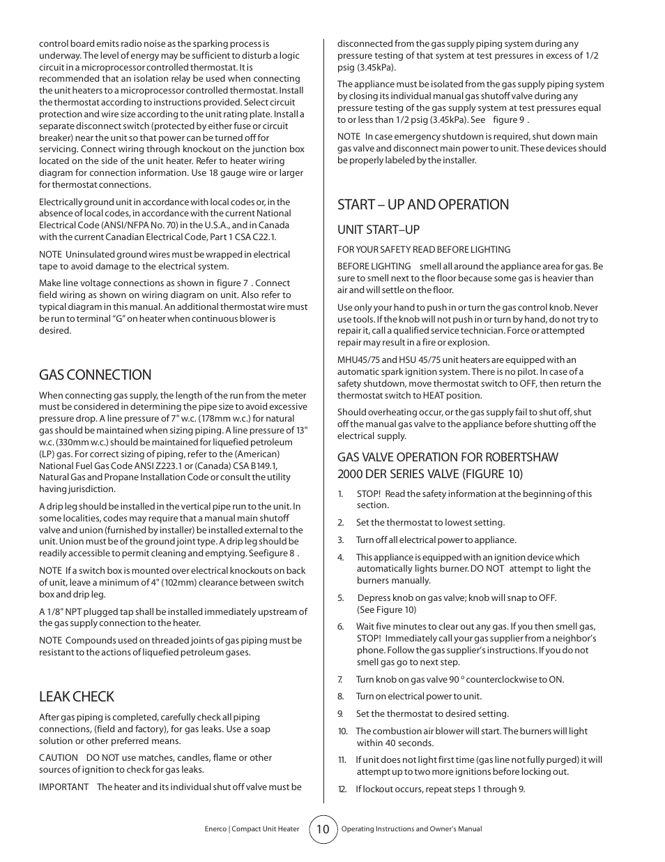 Gas connection, Leak check, Start – up and operation | Unit start–up | Enerco MHU 45 User Manual | Page 10 / 16