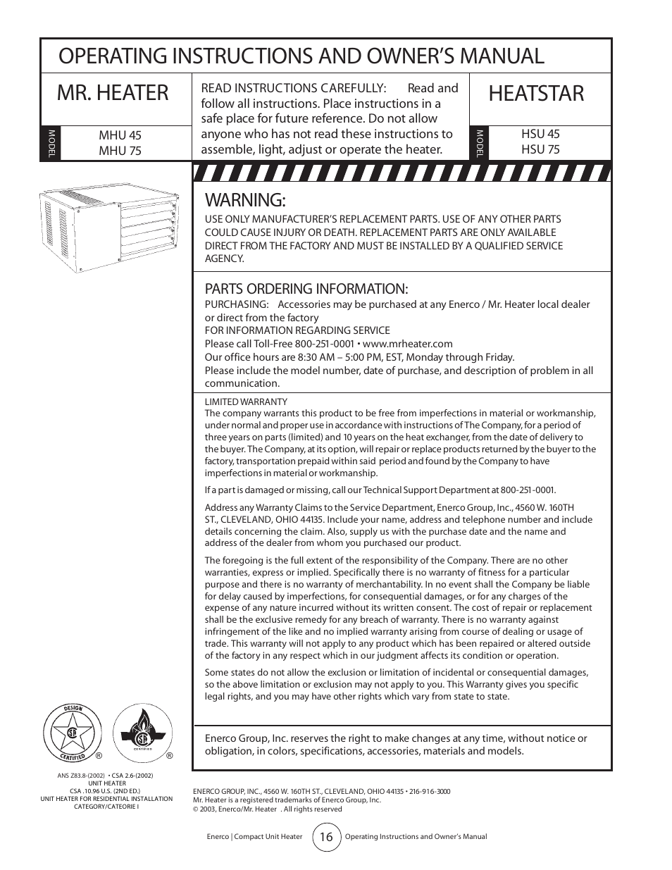 Warning, Parts ordering information | Enerco MHU 45 User Manual | Page 16 / 16