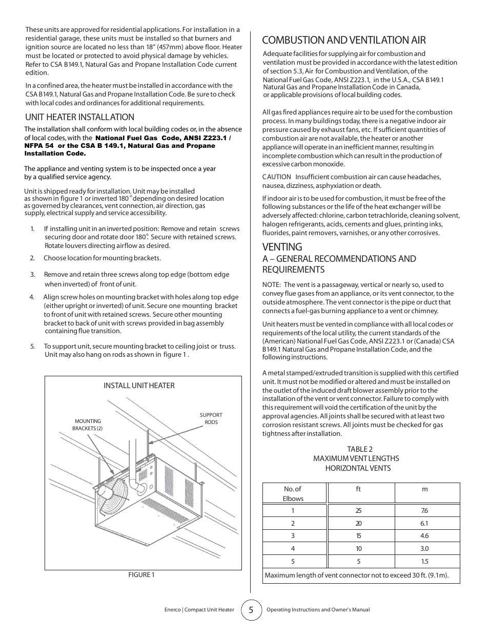 Venting, Combustion and ventilation air, Unit heater installation | A – general recommendations and requirements | Enerco MHU 45 User Manual | Page 5 / 16