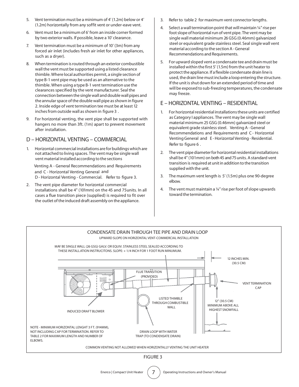 D – horizontal venting – commercial, E – horizontal venting – residential | Enerco MHU 45 User Manual | Page 7 / 16