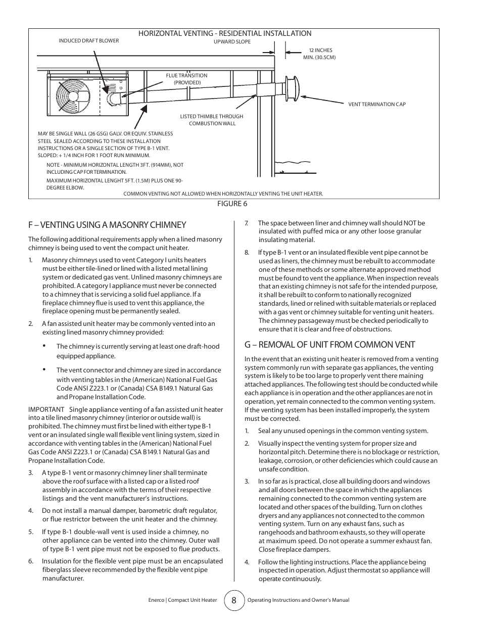 F – venting using a masonry chimney, G – removal of unit from common vent | Enerco MHU 45 User Manual | Page 8 / 16