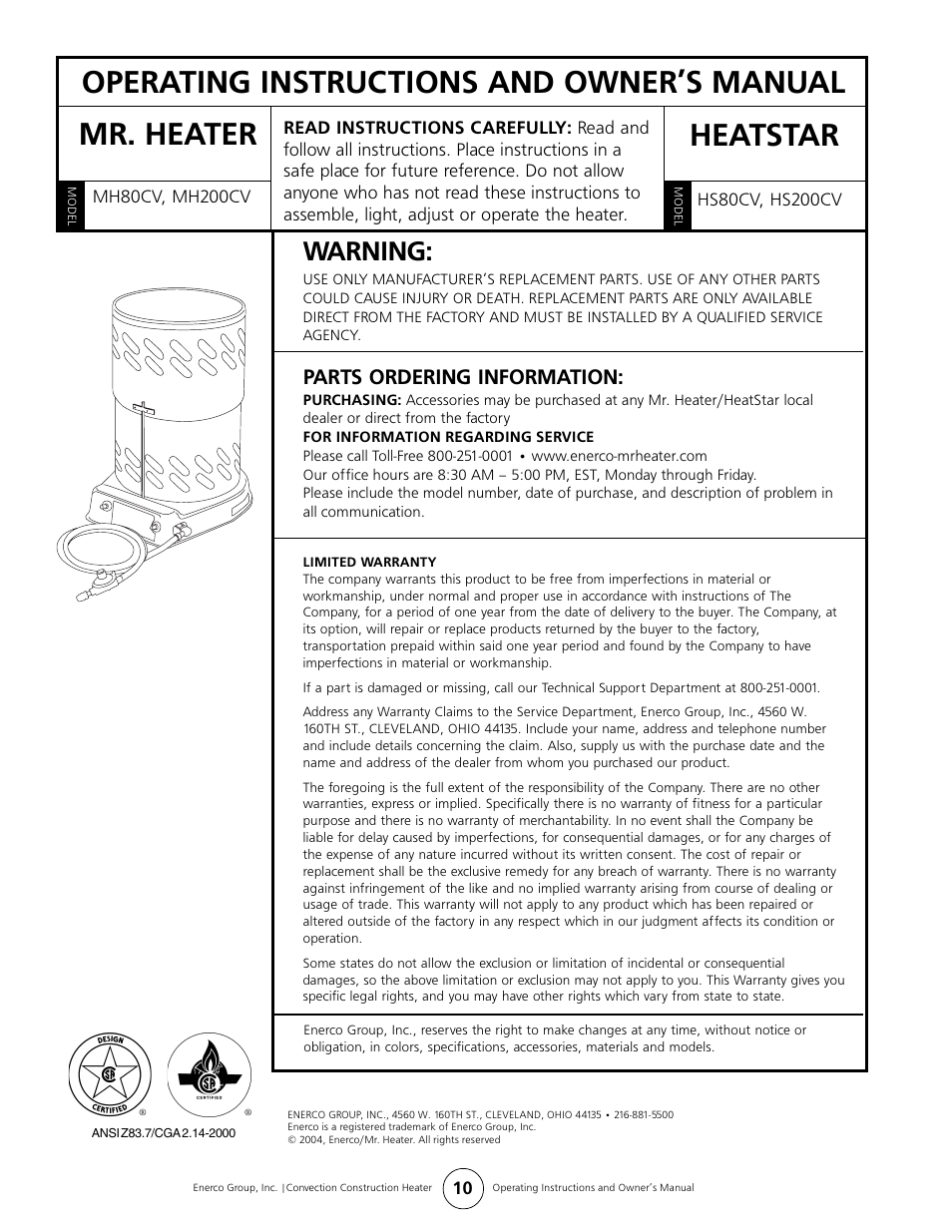 Operating instructions and owner’s manual, Mr. heater heatstar, Warning | Parts ordering information | Enerco HS200CV User Manual | Page 10 / 10