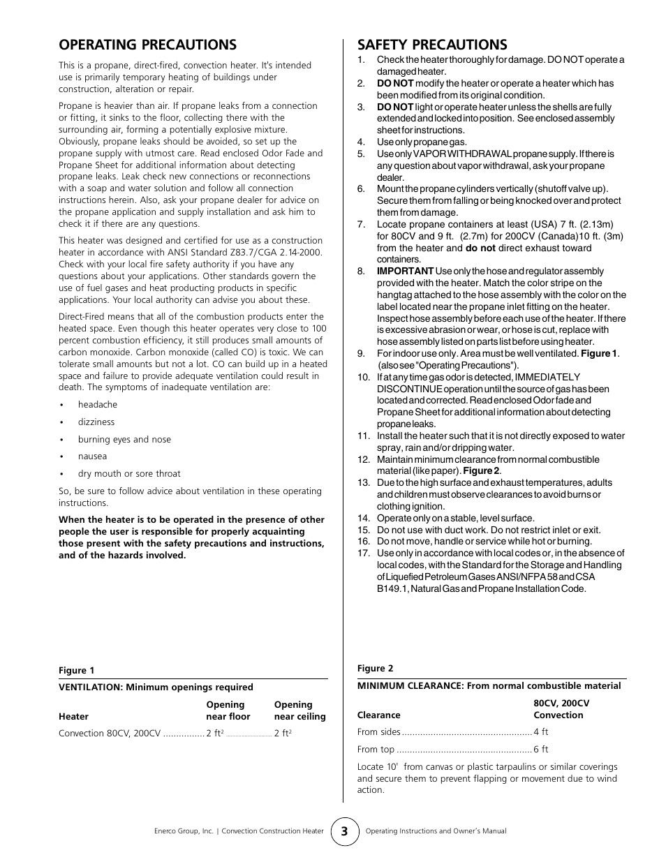 Operating precautions, Safety precautions | Enerco HS200CV User Manual | Page 3 / 10