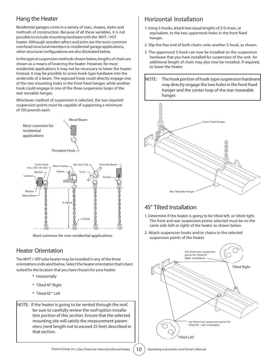 Hang the heater, Heater orientation, Horizontal installation | 45° tilted installation | Enerco HST45 User Manual | Page 10 / 24