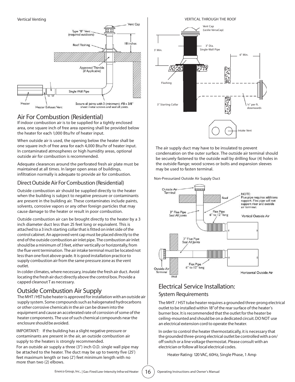 Outside combustion air supply, Air for combustion (residential), Electrical service installation | Direct outside air for combustion (residential), System requirements | Enerco HST45 User Manual | Page 16 / 24