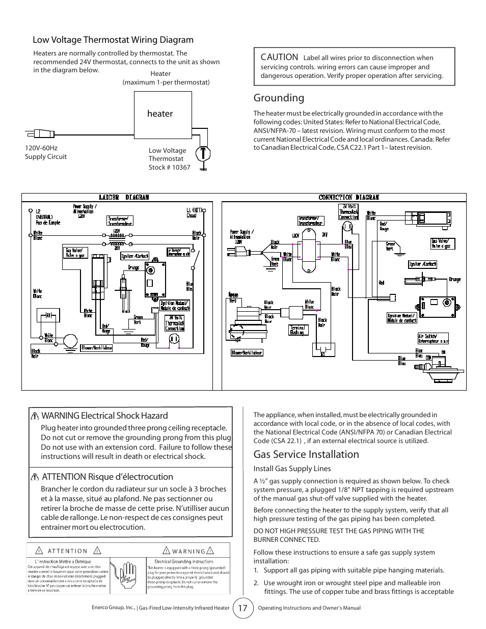 Gas service installation, Grounding | Enerco HST45 User Manual | Page 17 / 24