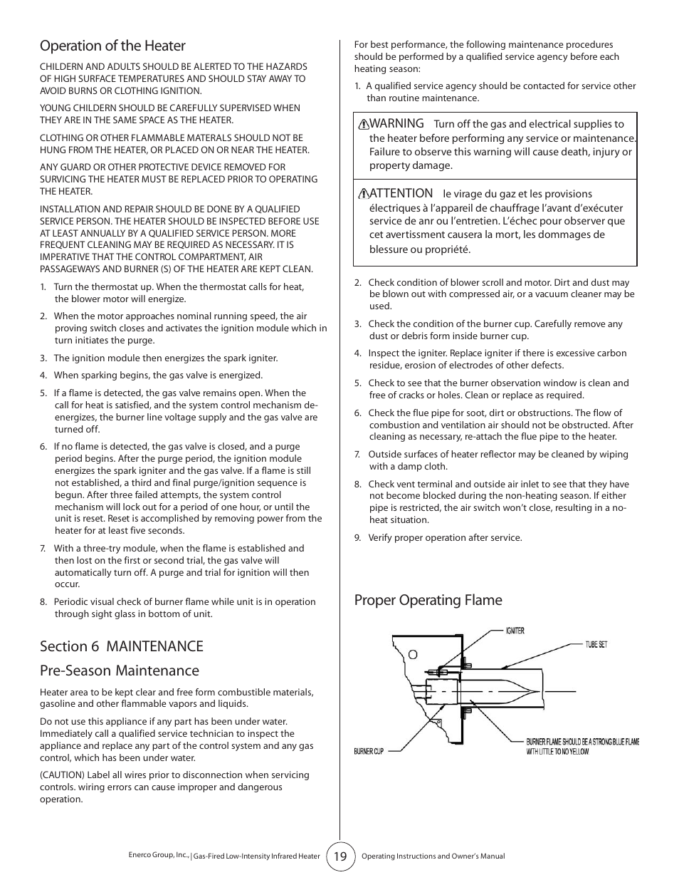 Operation of the heater, Proper operating flame, Warning | Attention | Enerco HST45 User Manual | Page 19 / 24