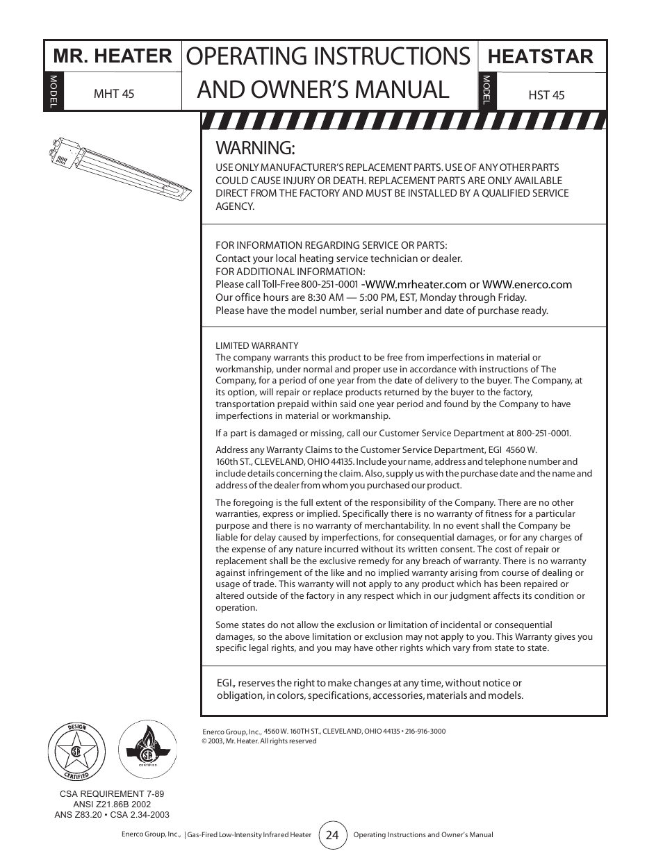 Operating instructions and owner’s manual, Warning, Mr. heater heatstar | Enerco HST45 User Manual | Page 24 / 24