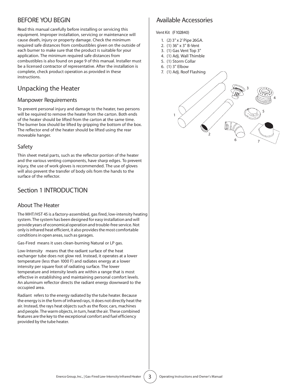Before you begin, Unpacking the heater, Available accessories | Enerco HST45 User Manual | Page 3 / 24